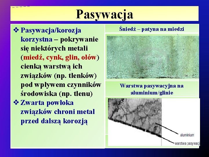 Pasywacja v Pasywacja/korozja korzystna – pokrywanie się niektórych metali (miedź, cynk, glin, ołów) cienką Pasywacja v Pasywacja/korozja korzystna – pokrywanie się niektórych metali (miedź, cynk, glin, ołów) cienką