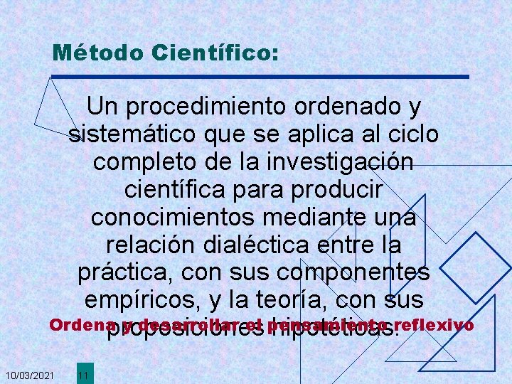 Método Científico: Un procedimiento ordenado y sistemático que se aplica al ciclo completo de