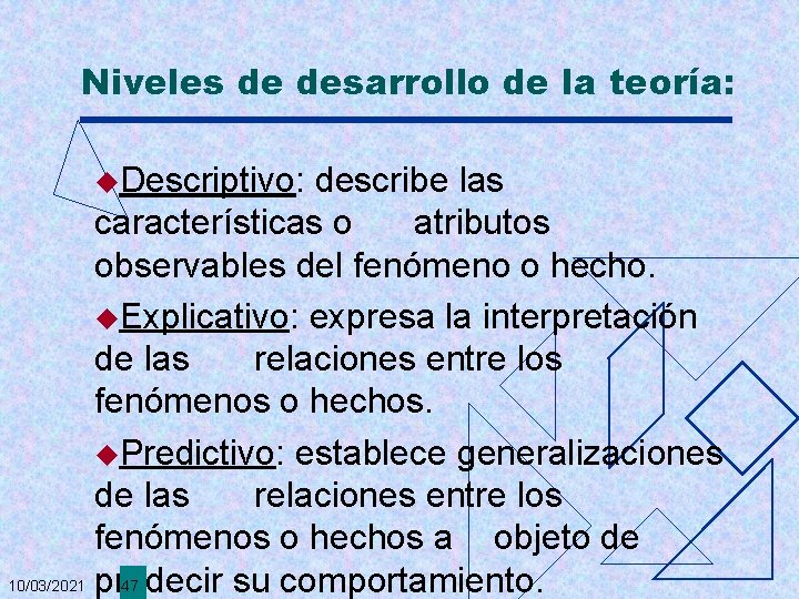 Niveles de desarrollo de la teoría: u. Descriptivo: describe las características o atributos observables