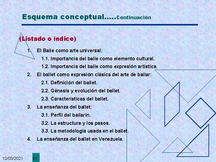 Esquema conceptual. . . Continuación (Listado o índice) 1. El Baile como arte universal: