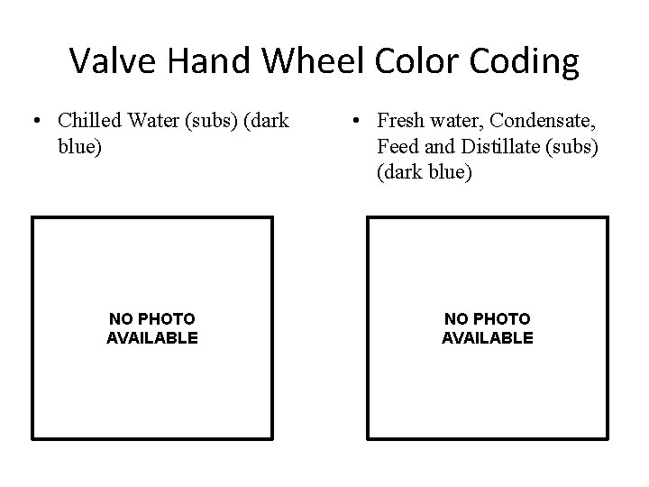 Valve Hand Wheel Color Coding • Chilled Water (subs) (dark blue) NO PHOTO AVAILABLE