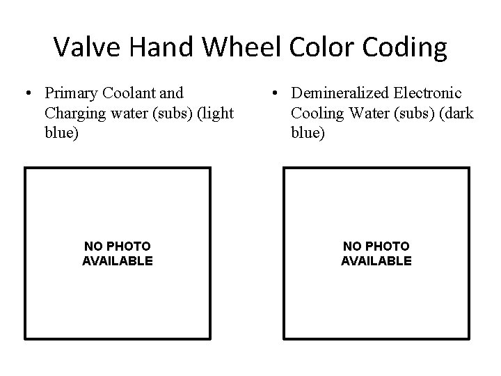 Valve Hand Wheel Color Coding • Primary Coolant and Charging water (subs) (light blue)