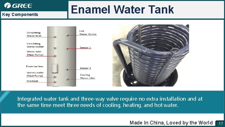 Key Components Enamel Water Tank Integrated water tank and three-way valve require no extra