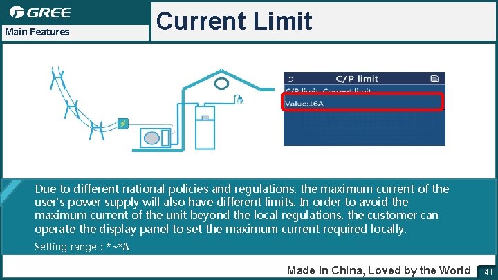 Main Features Current Limit Due to different national policies and regulations, the maximum current