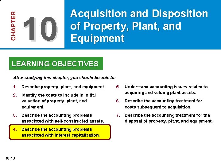 10 Acquisition and Disposition of Property, Plant, and Equipment LEARNING OBJECTIVES After studying this