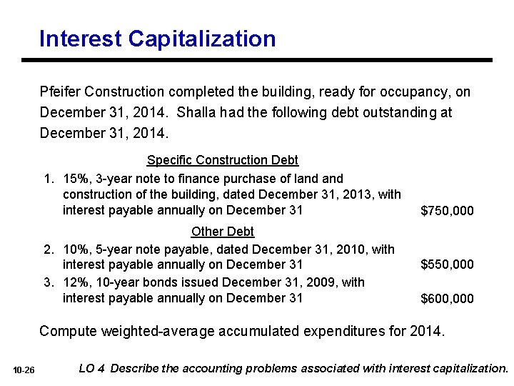 Interest Capitalization Pfeifer Construction completed the building, ready for occupancy, on December 31, 2014.