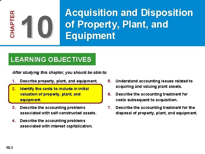 10 Acquisition and Disposition of Property, Plant, and Equipment LEARNING OBJECTIVES After studying this
