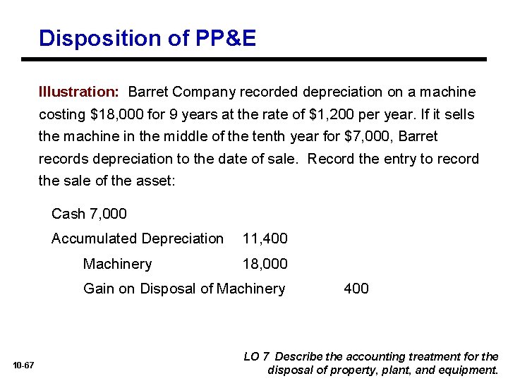 Disposition of PP&E Illustration: Barret Company recorded depreciation on a machine costing $18, 000