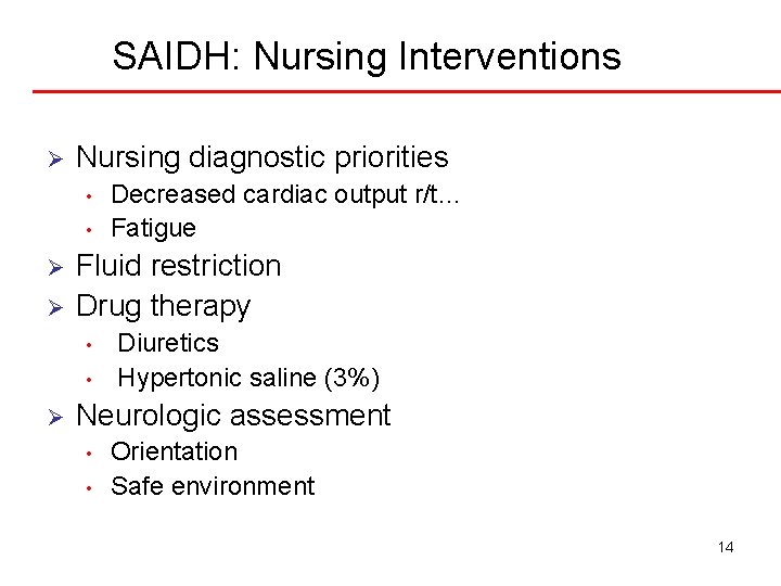 SAIDH: Nursing Interventions Ø Nursing diagnostic priorities • • Ø Ø Fluid restriction Drug