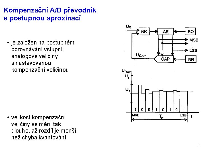 Kompenzační A/D převodník s postupnou aproxinací • je založen na postupném porovnávání vstupní analogové