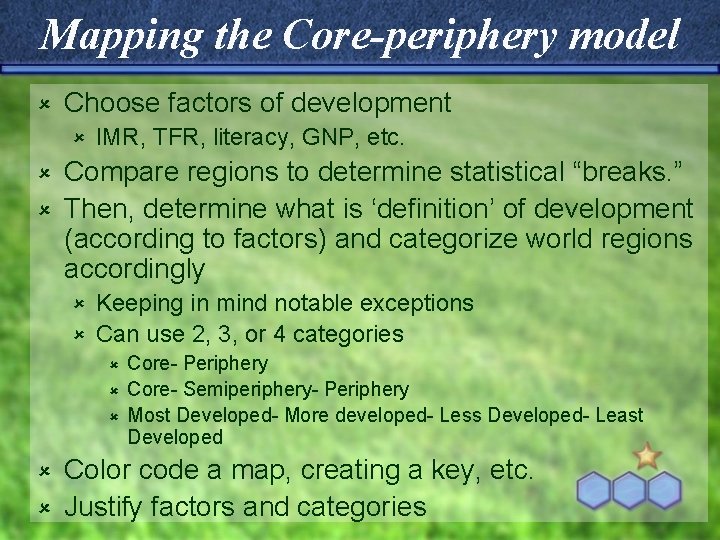 Mapping the Core-periphery model û Choose factors of development û IMR, TFR, literacy, GNP,