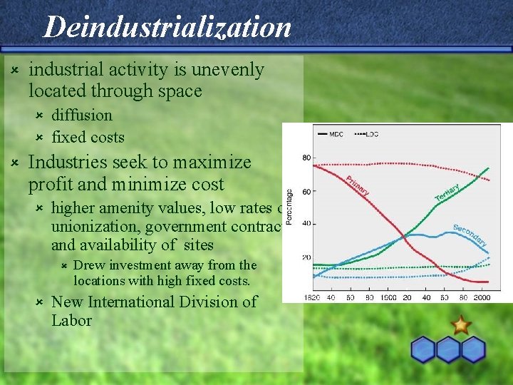 Deindustrialization û industrial activity is unevenly located through space diffusion û fixed costs û