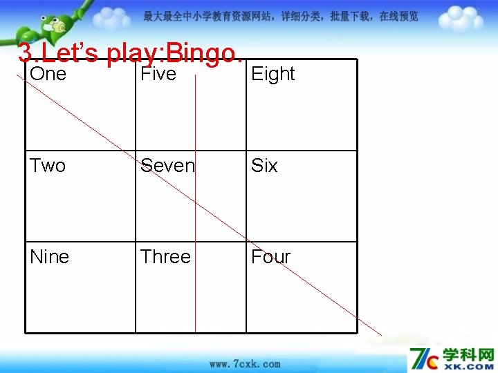 3. Let’s play: Bingo. One Five Eight Two Seven Six Nine Three Four 