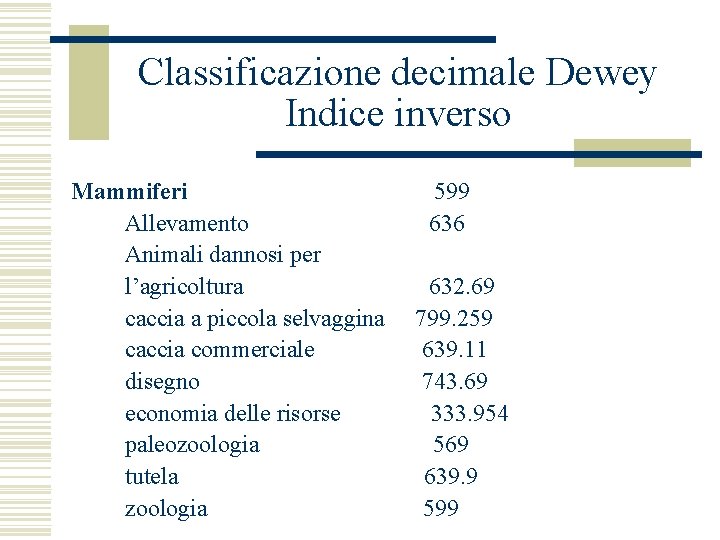 Classificazione decimale Dewey Indice inverso Mammiferi 599 Allevamento 636 Animali dannosi per l’agricoltura 632.