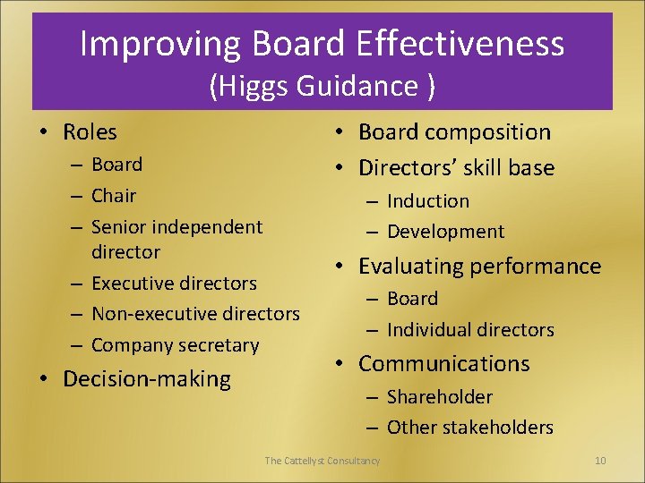 Improving Board Effectiveness (Higgs Guidance ) • Roles – Board – Chair – Senior