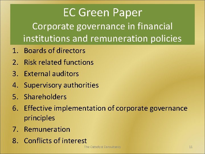 EC Green Paper Corporate governance in financial institutions and remuneration policies 1. 2. 3.