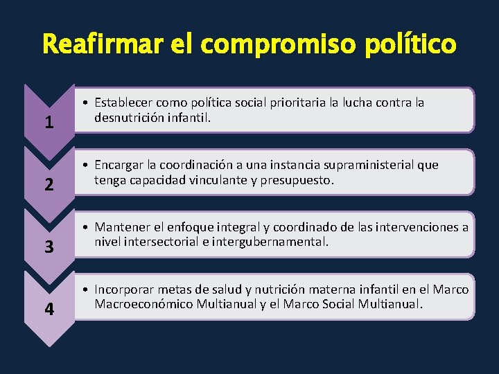 Reafirmar el compromiso político 1 2 3 4 • Establecer como política social prioritaria