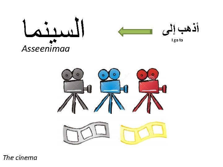 ﺍﻟﺴﻴﻨﻤﺎ Asseenimaa The cinema ﺃﺬﻫﺐ ﺇﻟﻰ I go to ﺍﻟﺴﻴﻨﻤﺎ Asseenimaa The cinema ﺃﺬﻫﺐ ﺇﻟﻰ I go to