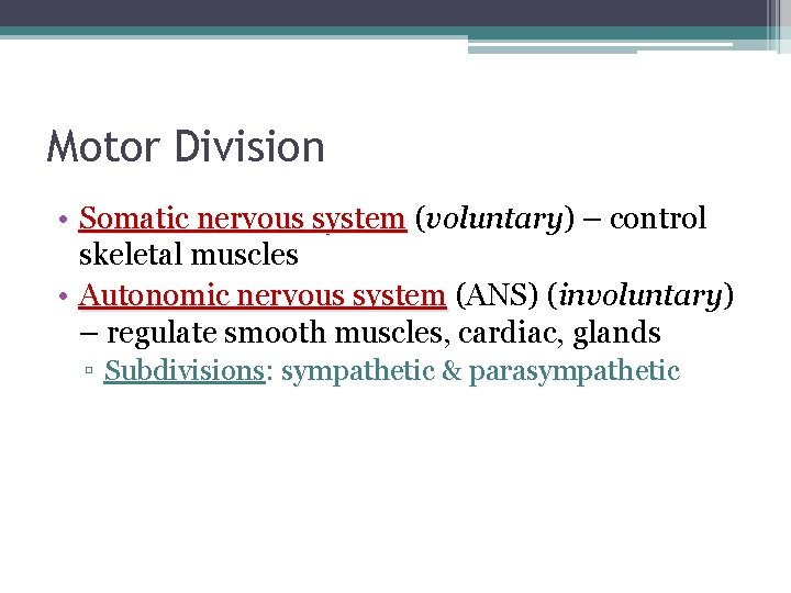 Motor Division • Somatic nervous system (voluntary) – control Somatic nervous system skeletal muscles