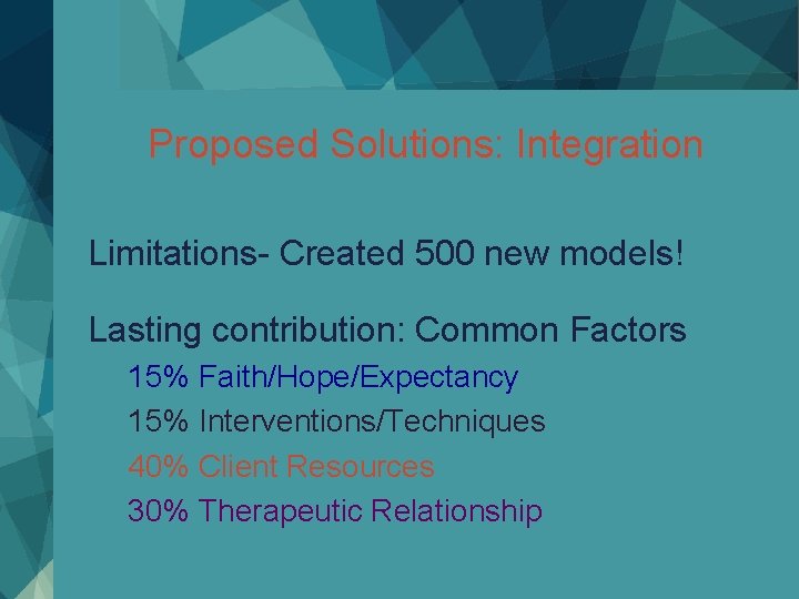 Proposed Solutions: Integration Limitations- Created 500 new models! Lasting contribution: Common Factors 15% Faith/Hope/Expectancy