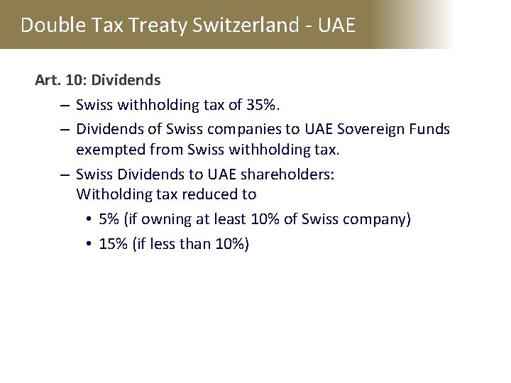 Double Tax Treaty Switzerland - UAE Art. 10: Dividends – Swiss withholding tax of