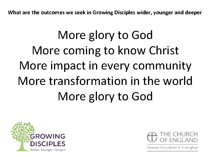 What are the outcomes we seek in Growing Disciples wider, younger and deeper More