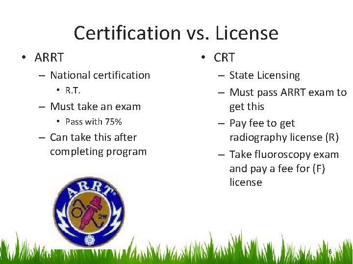 Certification vs. License • ARRT – National certification • R. T. – Must take