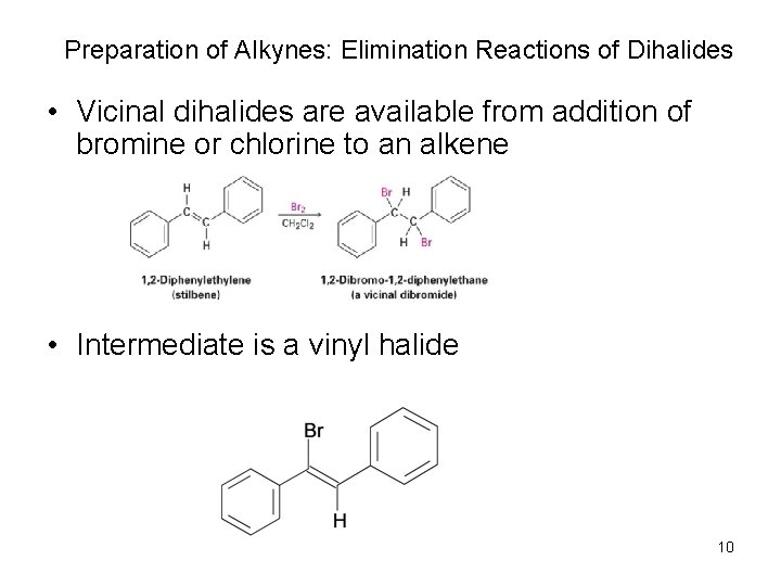 Preparation of Alkynes: Elimination Reactions of Dihalides • Vicinal dihalides are available from addition