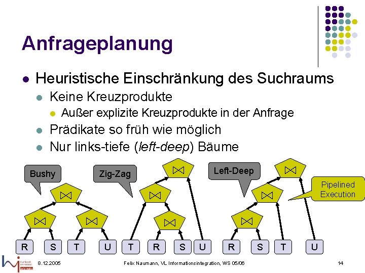 Anfrageplanung l Heuristische Einschränkung des Suchraums l Keine Kreuzprodukte Außer explizite Kreuzprodukte in der