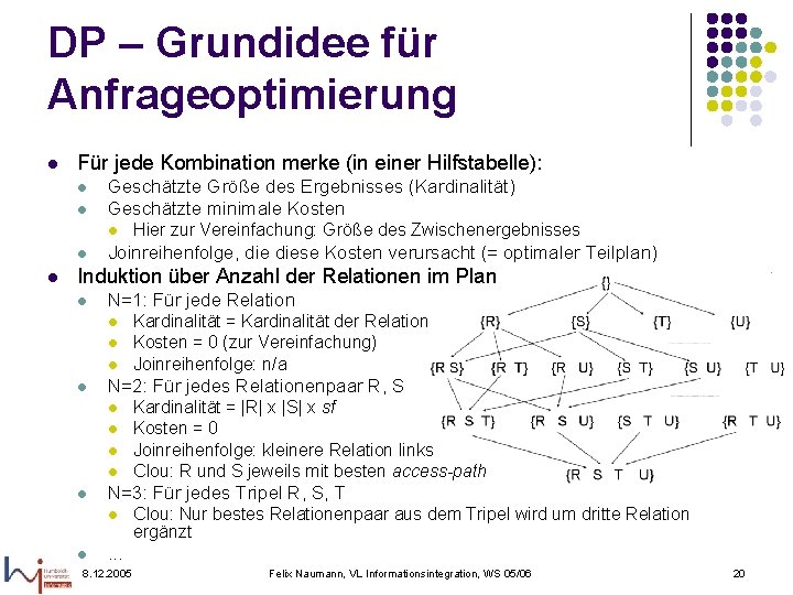 DP – Grundidee für Anfrageoptimierung l Für jede Kombination merke (in einer Hilfstabelle): l