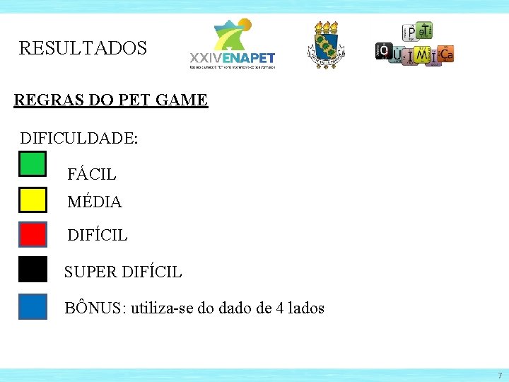 RESULTADOS REGRAS DO PET GAME DIFICULDADE: FÁCIL MÉDIA DIFÍCIL SUPER DIFÍCIL BÔNUS: utiliza-se do