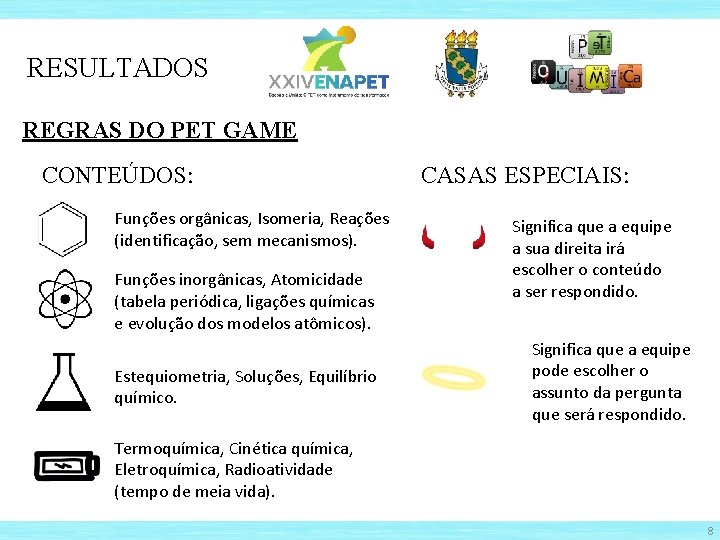 RESULTADOS REGRAS DO PET GAME CONTEÚDOS: Funções orgânicas, Isomeria, Reações (identificação, sem mecanismos). Funções