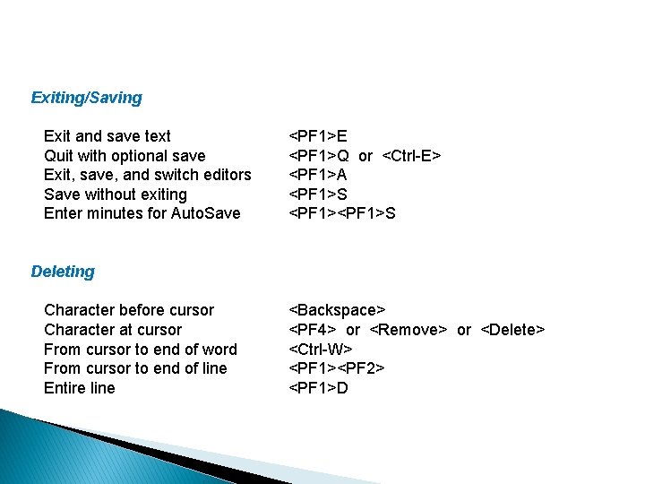 Exiting/Saving Exit and save text <PF 1>E Quit with optional save <PF 1>Q or