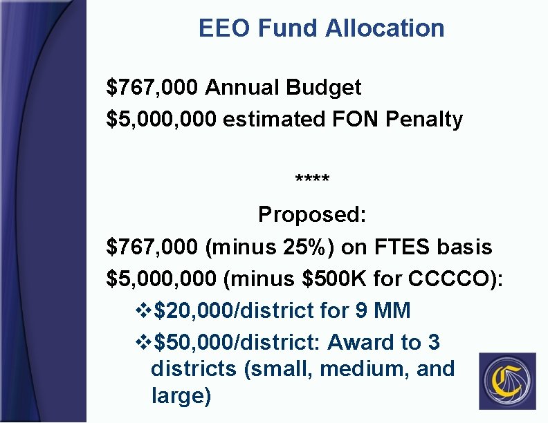 EEO Fund Allocation $767, 000 Annual Budget $5, 000 estimated FON Penalty **** Proposed: