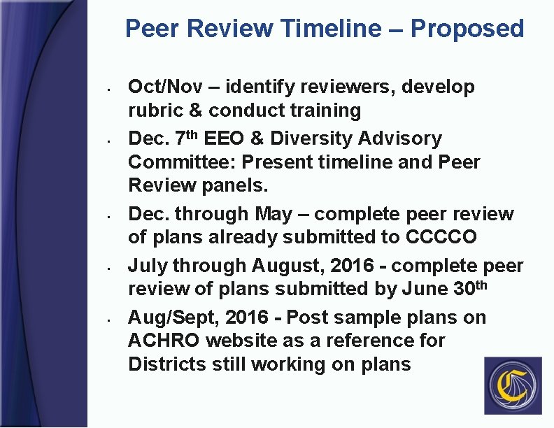 Peer Review Timeline – Proposed • • • Oct/Nov – identify reviewers, develop rubric