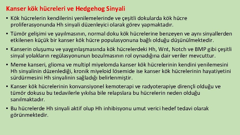 Kanser kök hücreleri ve Hedgehog Sinyali • Kök hücrelerin kendilerini yenilemelerinde ve çeşitli dokularda