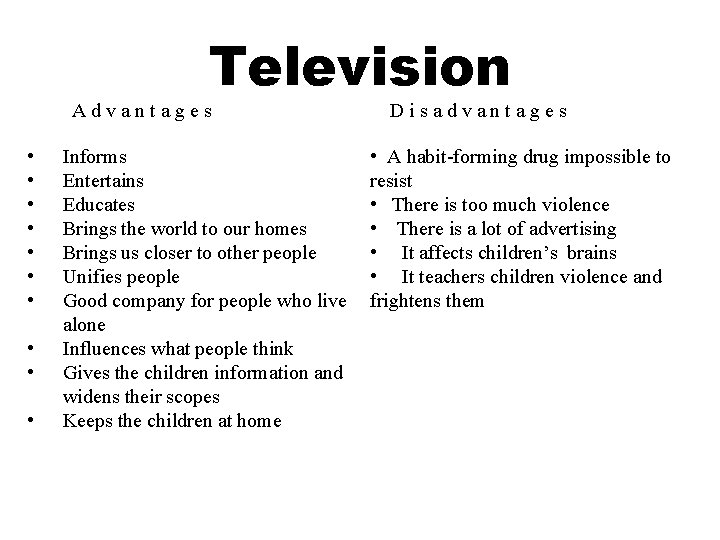 Television Advantages • • • Informs Entertains Educates Brings the world to our homes