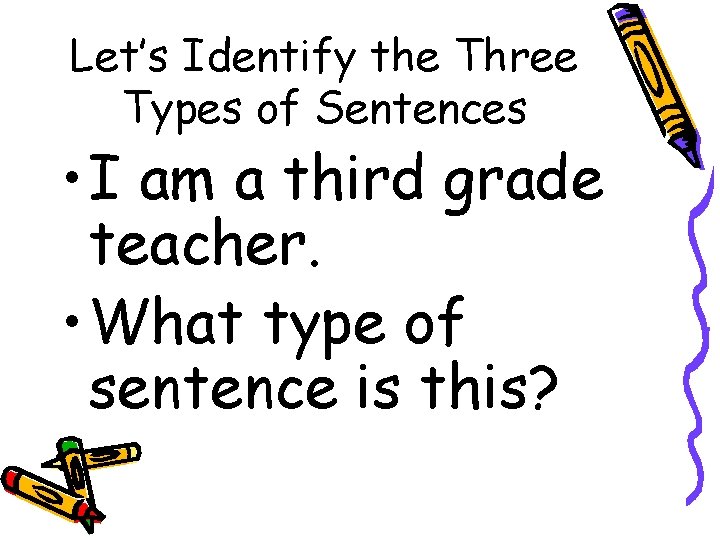 Let’s Identify the Three Types of Sentences • I am a third grade teacher.