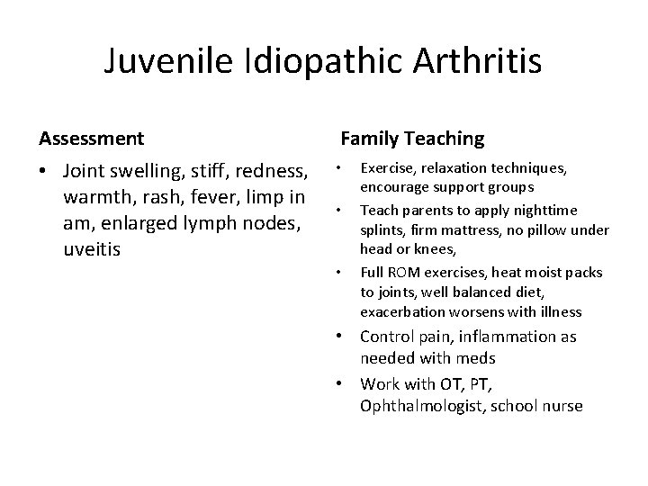 Juvenile Idiopathic Arthritis Assessment Family Teaching • Joint swelling, stiff, redness, warmth, rash, fever,
