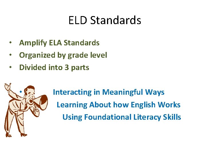 ELD Standards • Amplify ELA Standards • Organized by grade level • Divided into