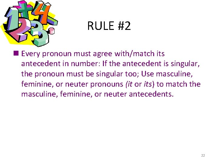 RULE #2 n Every pronoun must agree with/match its antecedent in number: If the