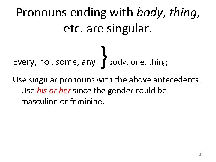 Pronouns ending with body, thing, etc. are singular. Every, no , some, any }