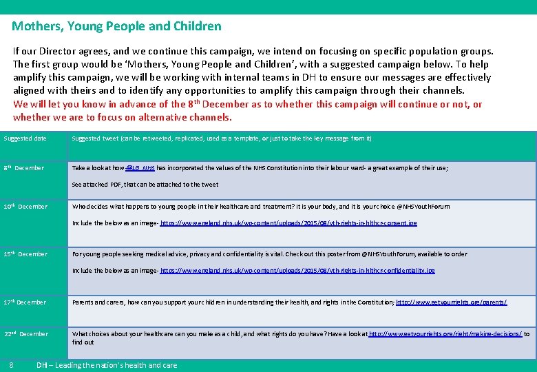 Mothers, Young People and Children If our Director agrees, and we continue this campaign,