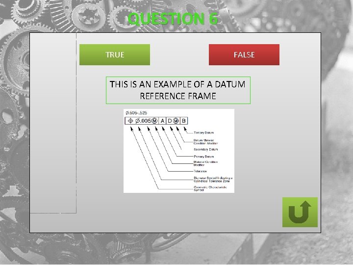 QUESTION 6 TRUE FALSE THIS IS AN EXAMPLE OF A DATUM REFERENCE FRAME 