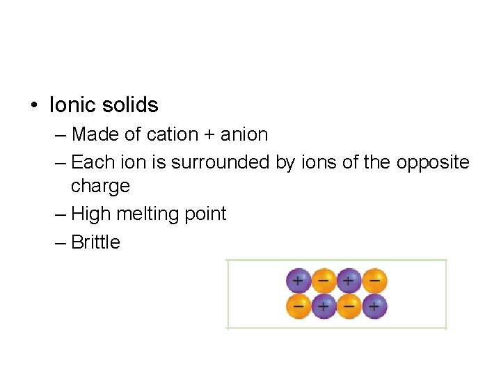  • Ionic solids – Made of cation + anion – Each ion is
