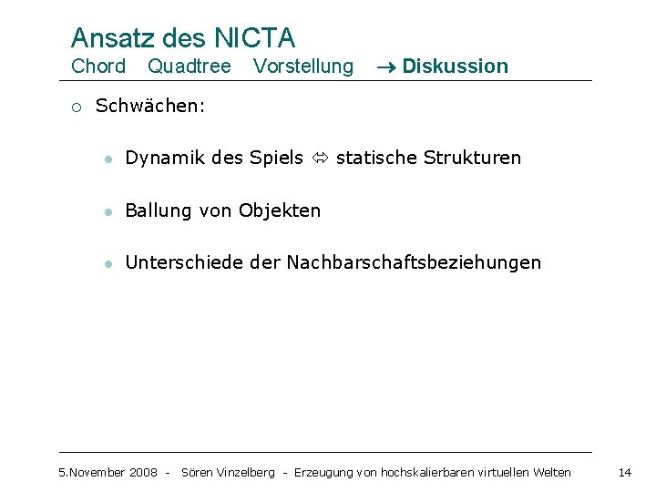 Ansatz des NICTA Chord ¡ Quadtree Vorstellung Diskussion Schwächen: l Dynamik des Spiels statische