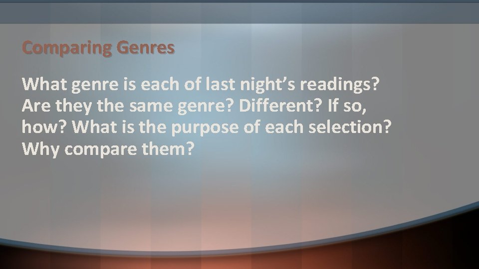 Comparing Genres What genre is each of last night’s readings? Are they the same
