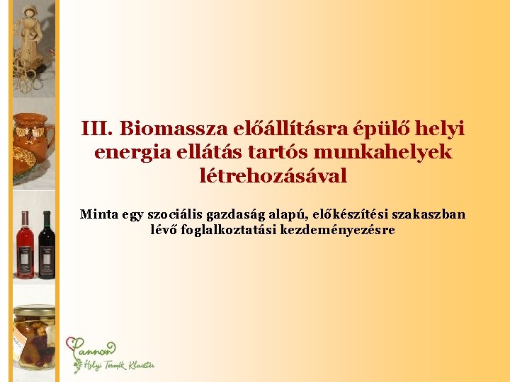 III. Biomassza előállításra épülő helyi energia ellátás tartós munkahelyek létrehozásával Minta egy szociális gazdaság