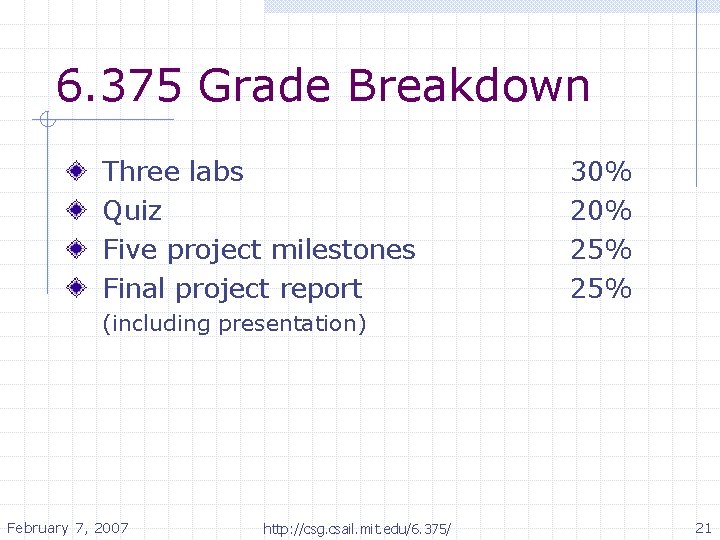 6. 375 Grade Breakdown Three labs Quiz Five project milestones Final project report 30%