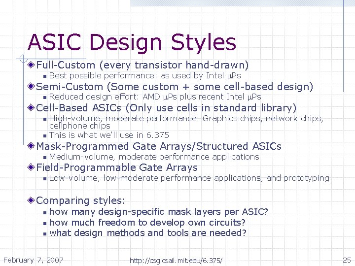 ASIC Design Styles Full-Custom (every transistor hand-drawn) n Best possible performance: as used by